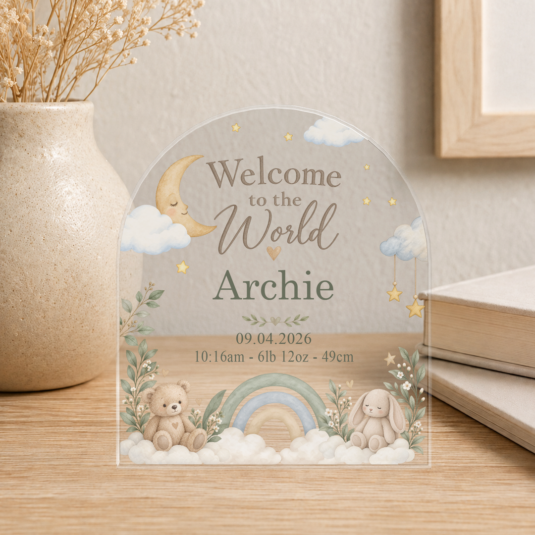 Personalised Acrylic Arch Plaque – Welcome to the World