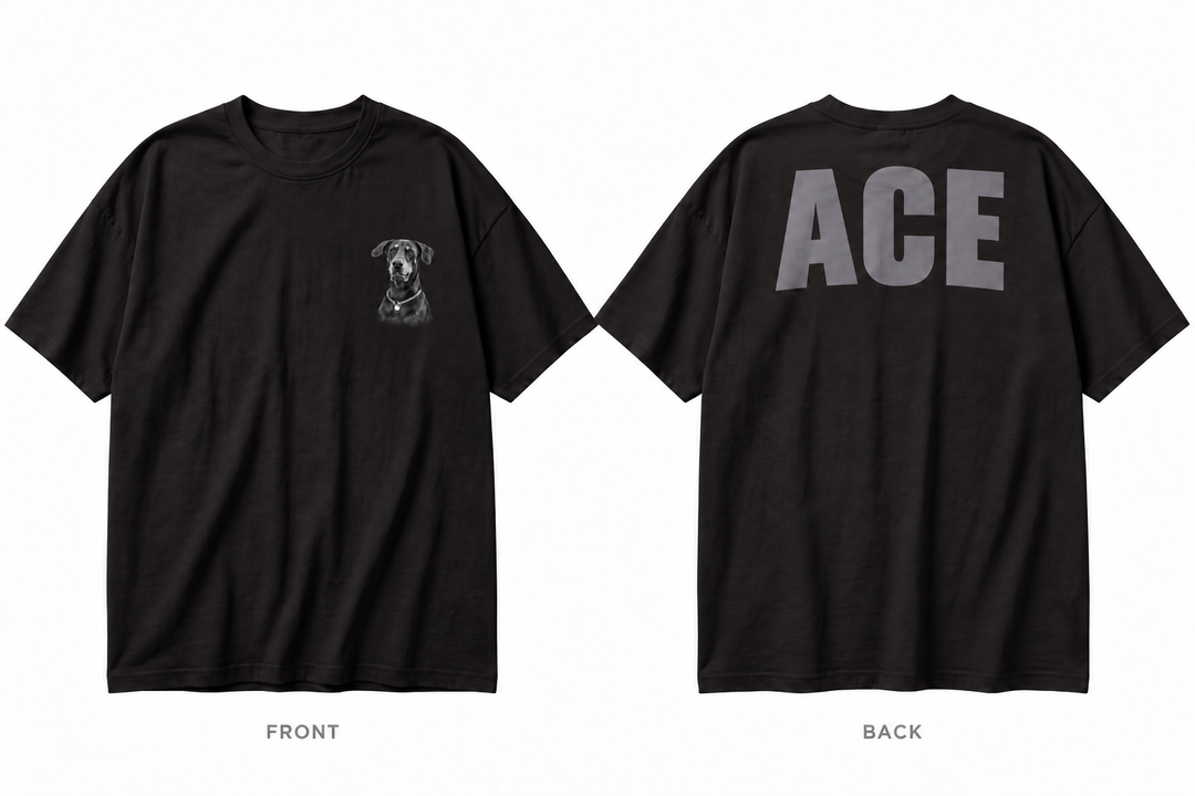 ACE front and back pet portrait T-shirt on our black oversized blank, small left-chest engraving and large grey name across the back