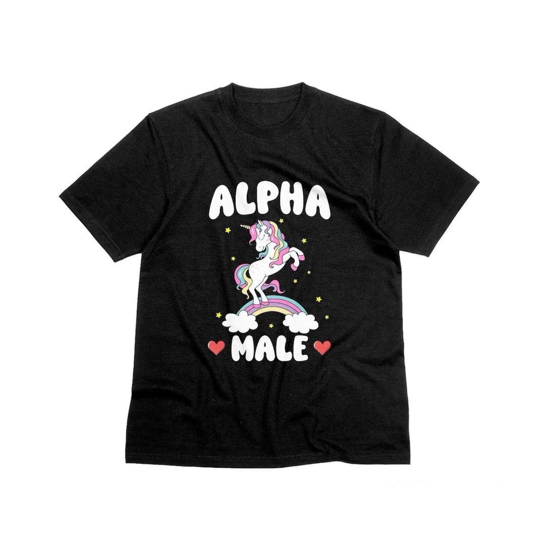 Alpha Male Unicorn Rainbow Unisex T-Shirt in Black