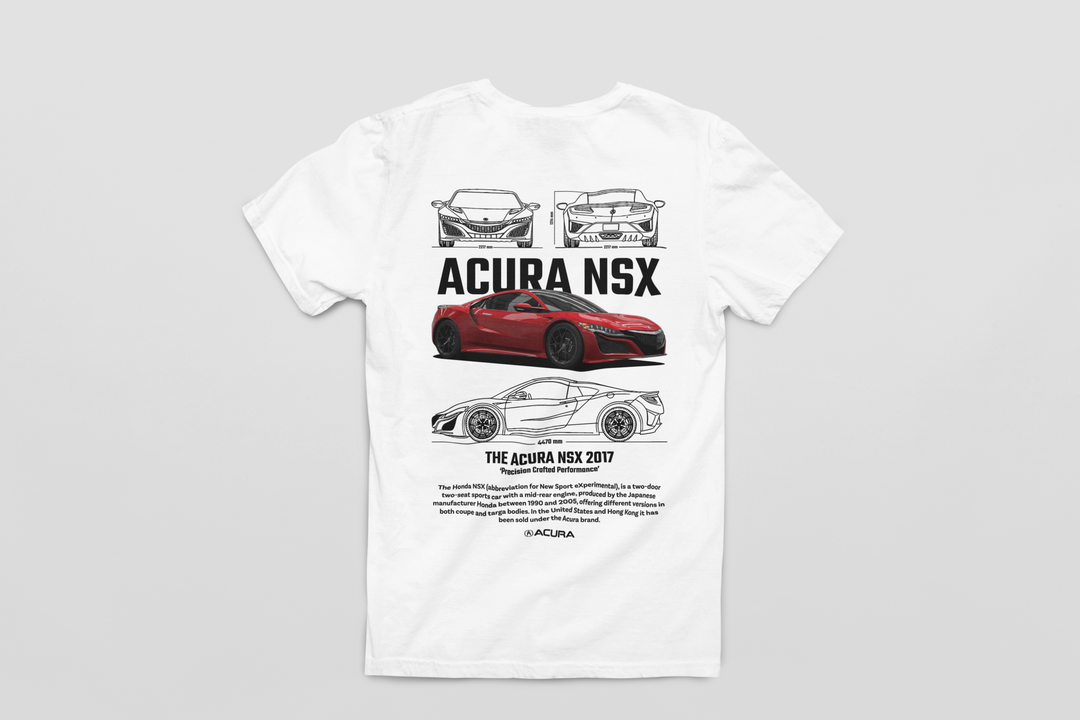 White t-shirt with Acura NSX graphics on a gray background