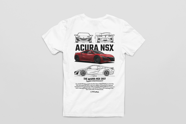 White t-shirt with Acura NSX graphics on a gray background
