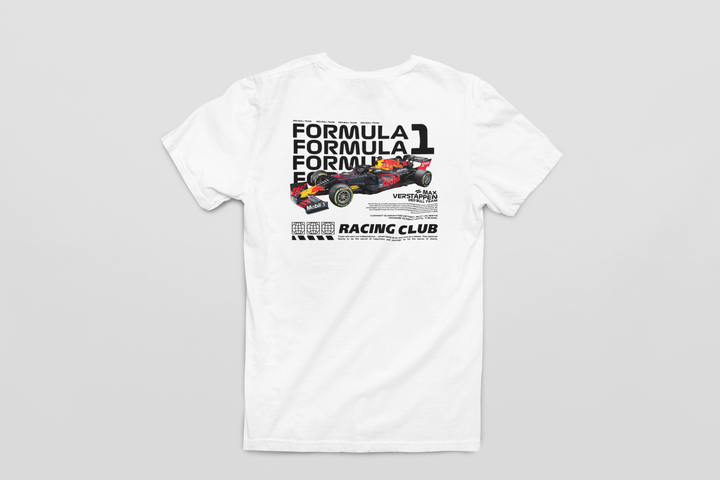 White t-shirt with Formula 1 graphic and text on a gray background
