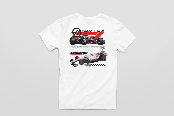White t-shirt with Formula 1 car design on a gray background