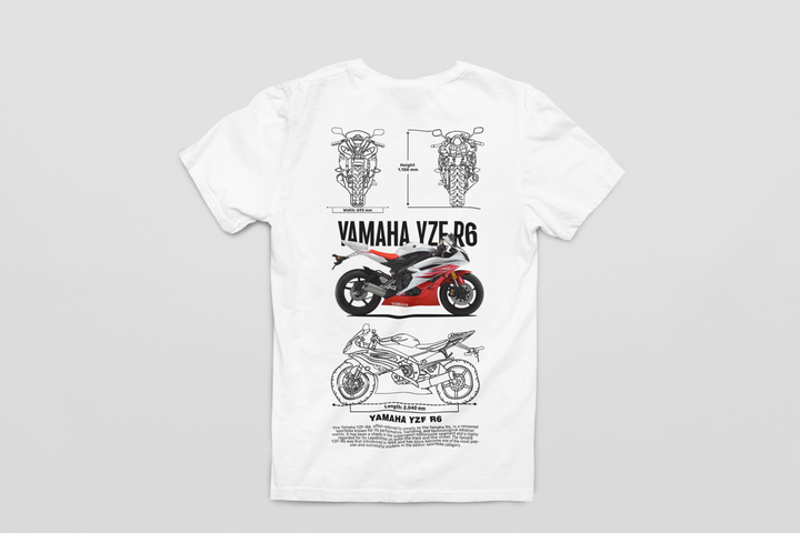 White t-shirt with Yamaha YZFR6 graphic design on a gray background