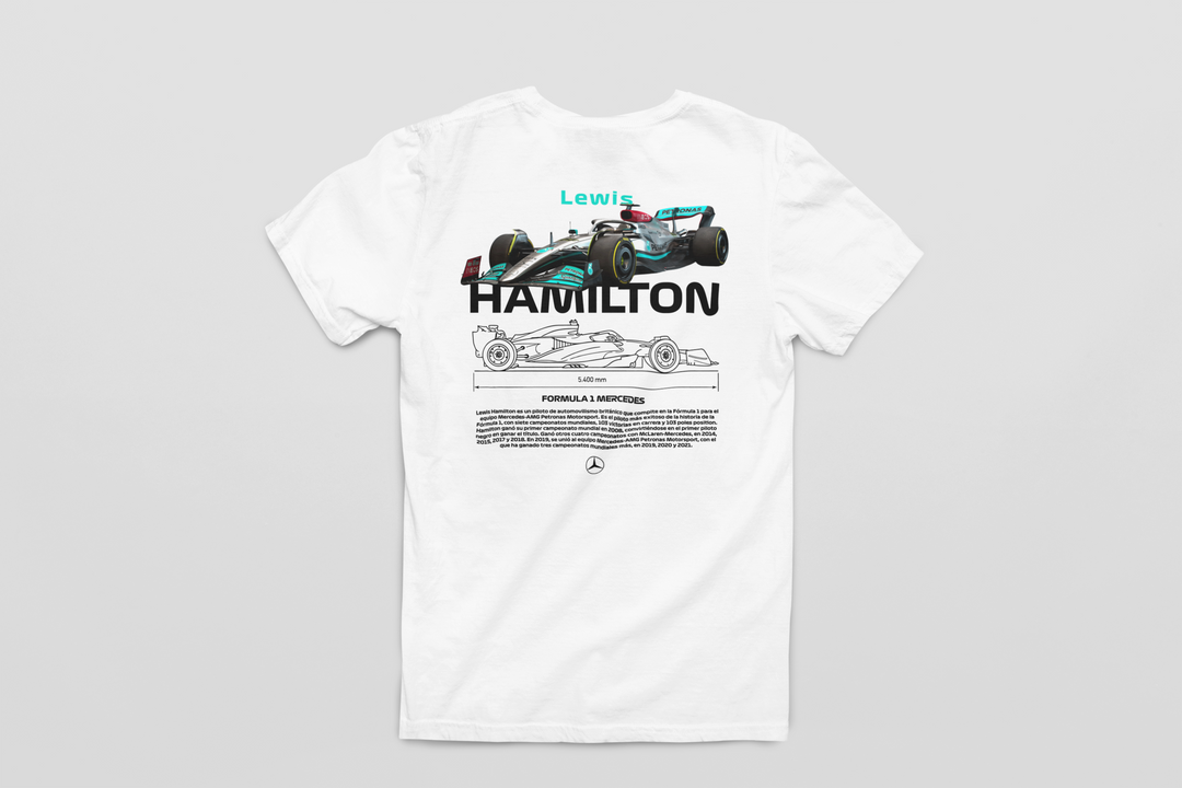 White t-shirt with Formula 1 design and text on a gray background