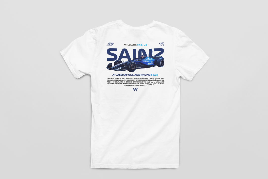 White t-shirt with a Formula 1 car graphic and text on a gray background