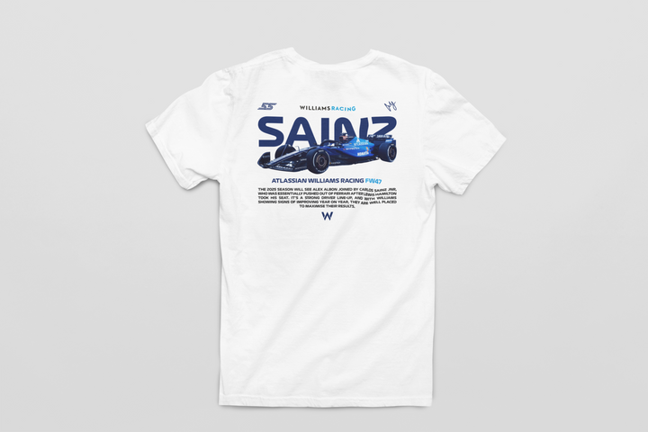White t-shirt with a Formula 1 car graphic and text on a gray background
