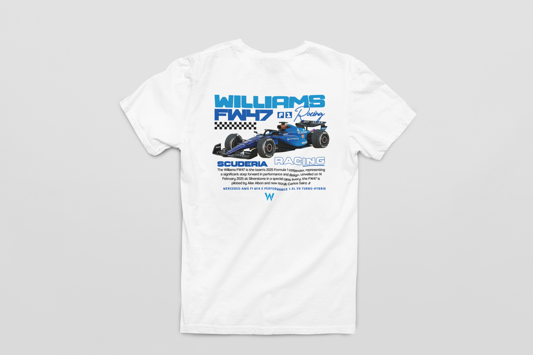 White t-shirt with Formula 1 car design and branding on a gray background