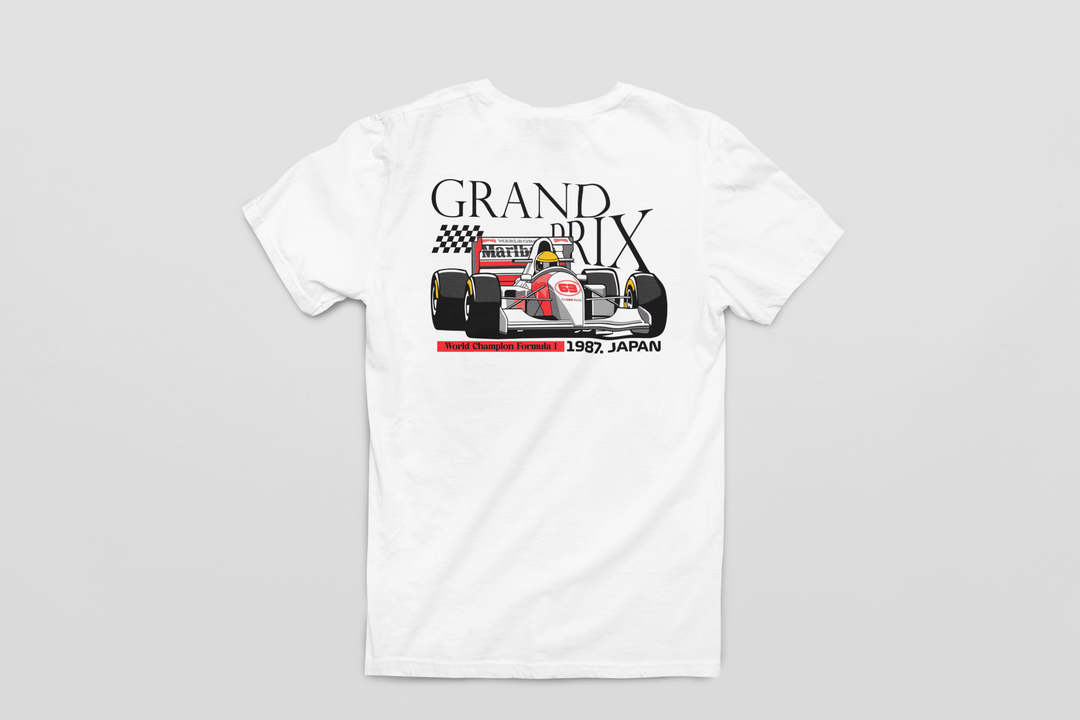White t-shirt with a Formula 1 car graphic and &