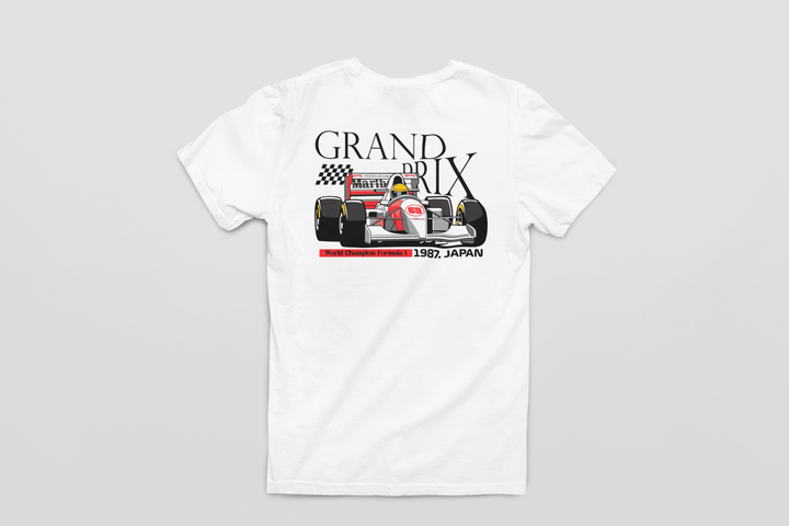 White t-shirt with a Formula 1 car graphic and &