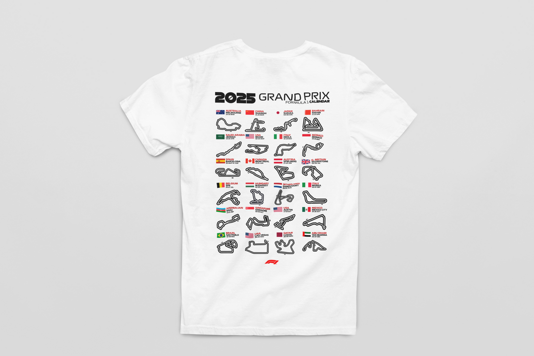 White t-shirt with 2023 Grand Prix design on a gray background