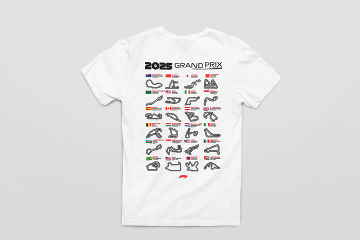 White t-shirt with 2023 Grand Prix design on a gray background