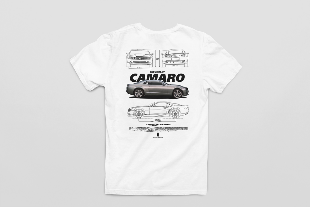 White t-shirt with black and gray graphics of a car on a gray background