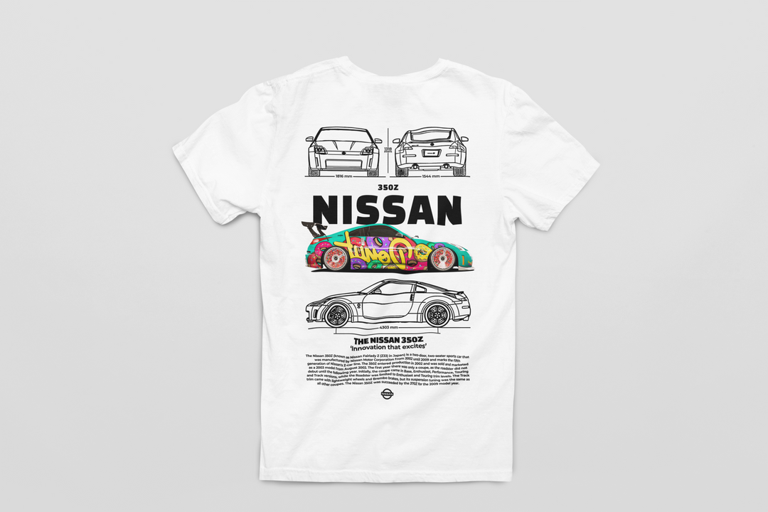 White t-shirt with Nissan graphic design on a gray background