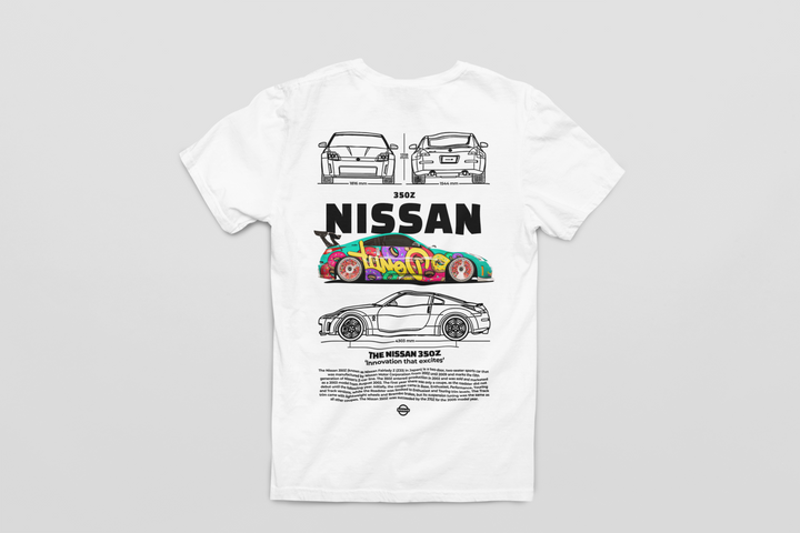 White t-shirt with Nissan graphic design on a gray background