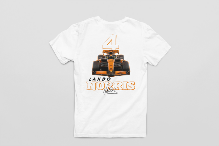 White t-shirt with a Formula 1 car graphic and &
