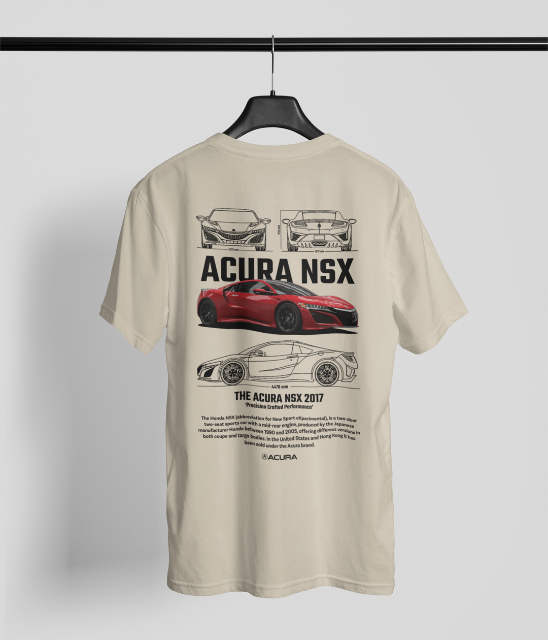 Beige t-shirt with Acura NSX graphics on a hanger against a light gray background
