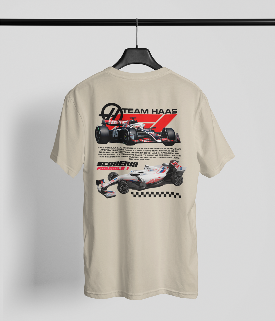 Beige t-shirt with Formula 1 car graphics and &