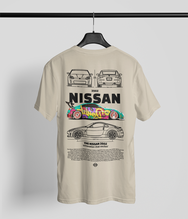 Beige t-shirt with Nissan car graphics on a hanger against a light gray background
