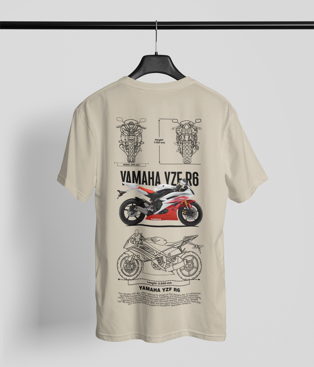Beige t-shirt with Yamaha YZF-R6 graphic on a hanger against a light gray background