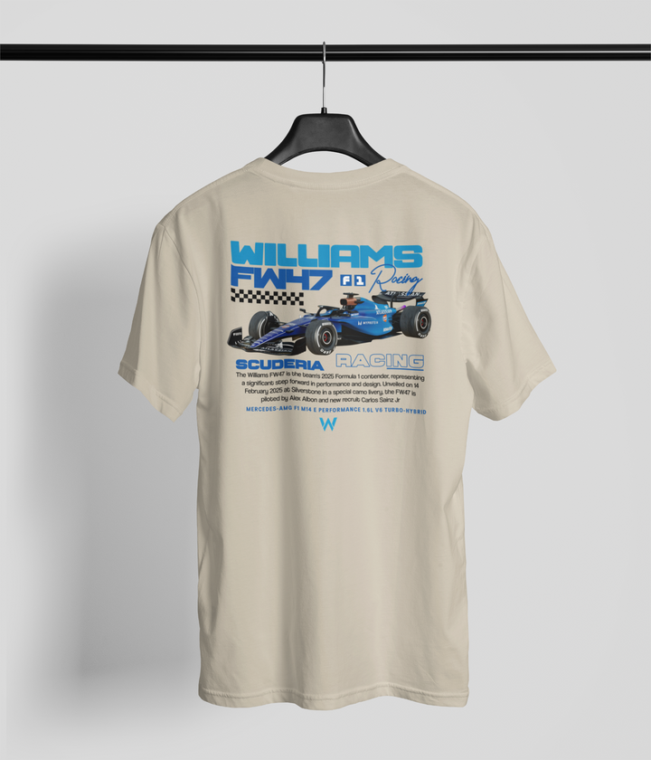 Beige t-shirt with Williams F1 racing graphic on a hanger against a gray background
