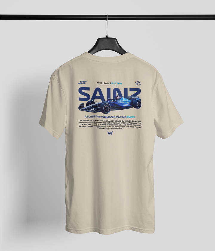Beige t-shirt with Williams Racing logo and Formula 1 car design on a hanger against a light gray background