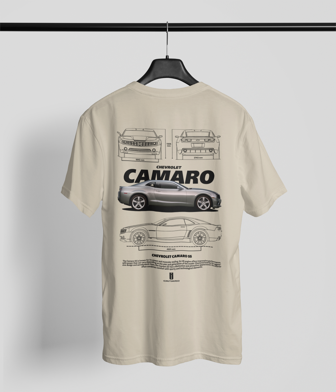 Beige t-shirt with Chevrolet Camaro graphic on a hanger against a light gray background