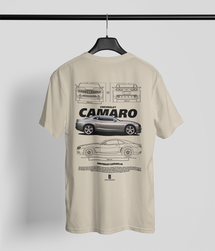 Beige t-shirt with Chevrolet Camaro graphic on a hanger against a light gray background