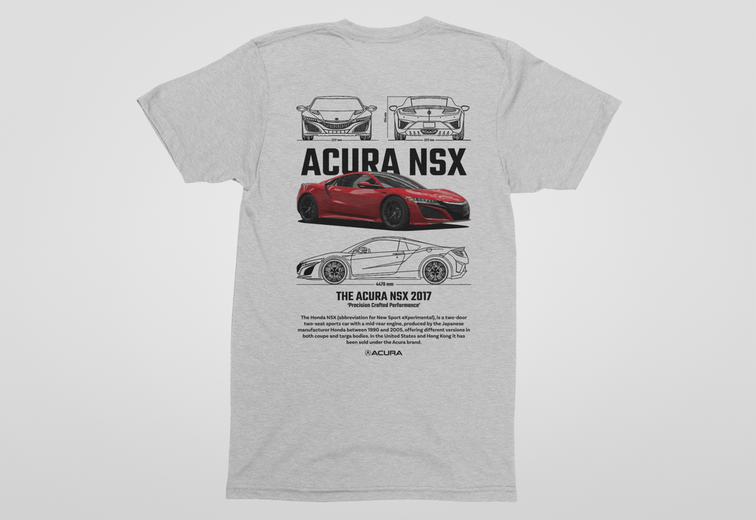 Gray t-shirt with Acura NSX graphics on a white background