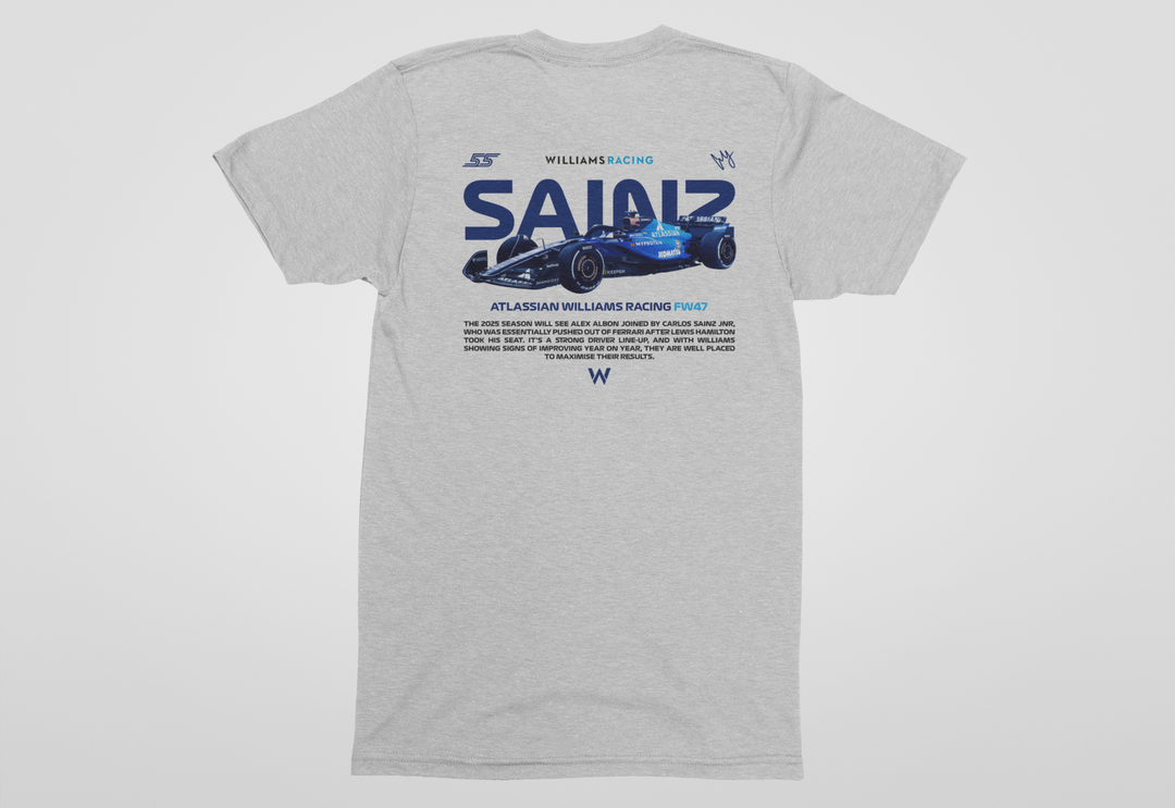 Gray t-shirt with Williams Racing Formula 1 car design on a white background