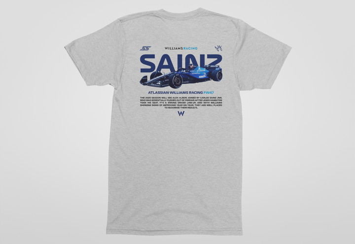 Gray t-shirt with Williams Racing Formula 1 car design on a white background