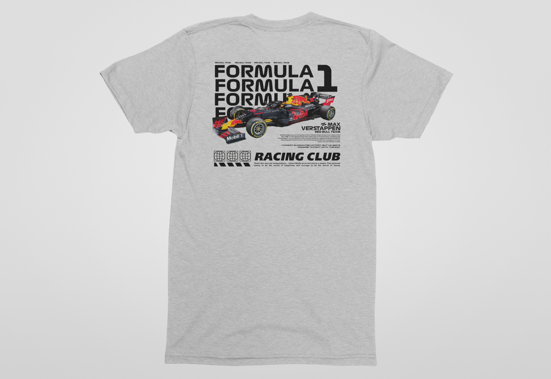 Gray t-shirt with Formula 1 graphic on the back against a white background