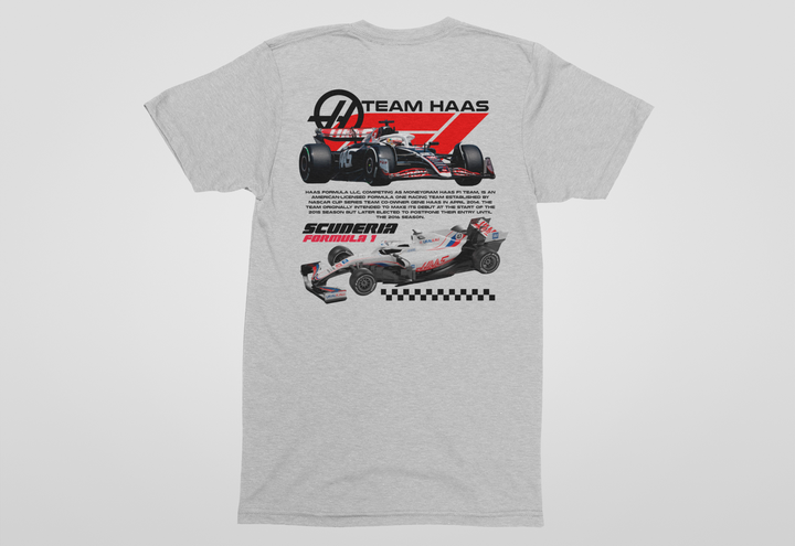 Gray t-shirt with Formula 1 car graphics and &