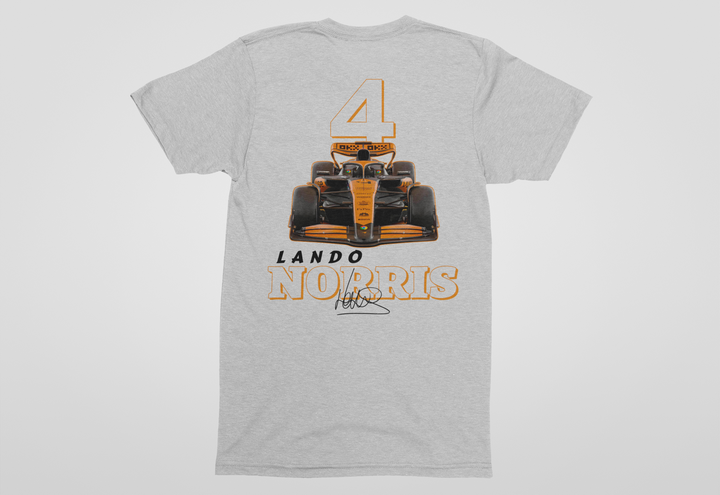 Gray t-shirt with a racing car graphic and &