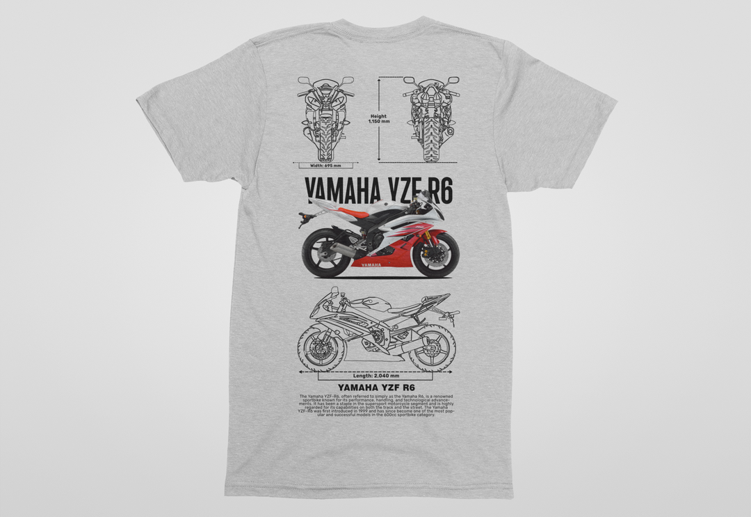 Gray t-shirt with Yamaha YZF-R6 motorcycle design on a white background