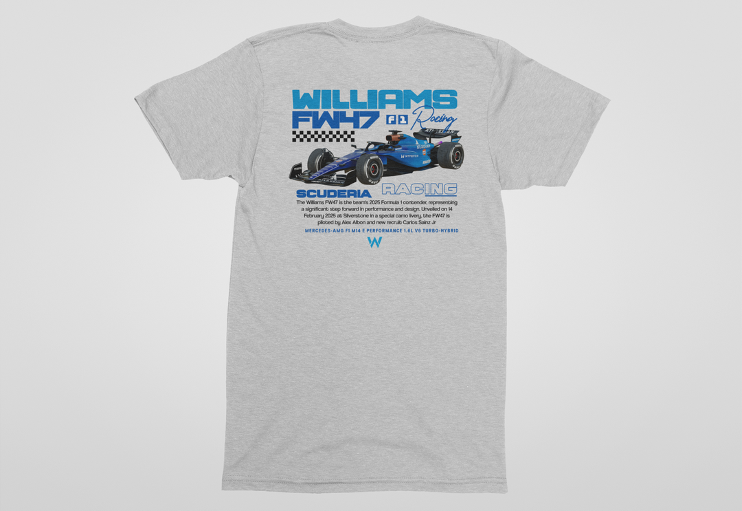 Gray t-shirt with Formula 1 car design and branding on a light gray background