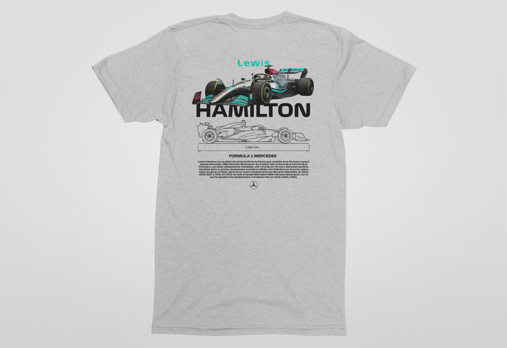 Gray t-shirt with Formula 1 car design and &