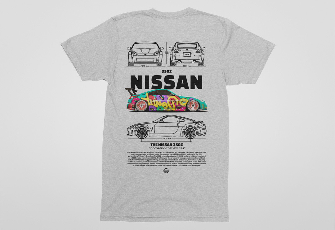 Gray t-shirt with Nissan 350Z graphic design on a white background