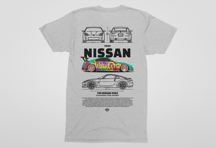 Gray t-shirt with Nissan 350Z graphic design on a white background