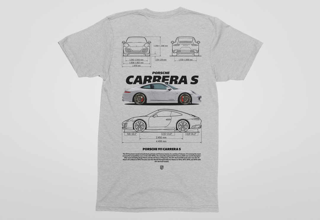 Gray t-shirt with Porsche Carrera S design on a white background