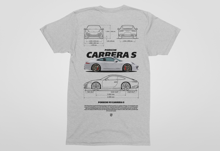 Gray t-shirt with Porsche Carrera S design on a white background