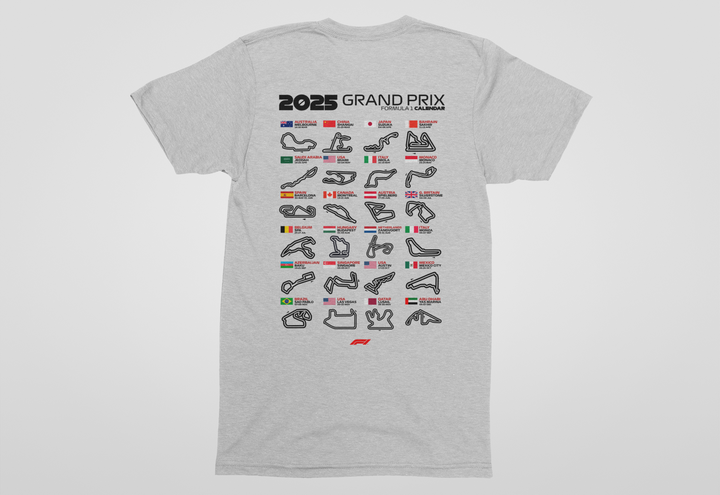 Gray t-shirt with 2025 Grand Prix graphic on a white background