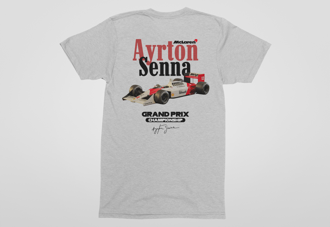 Gray t-shirt with Ayrton Senna McLaren Grand Prix graphic on a white background