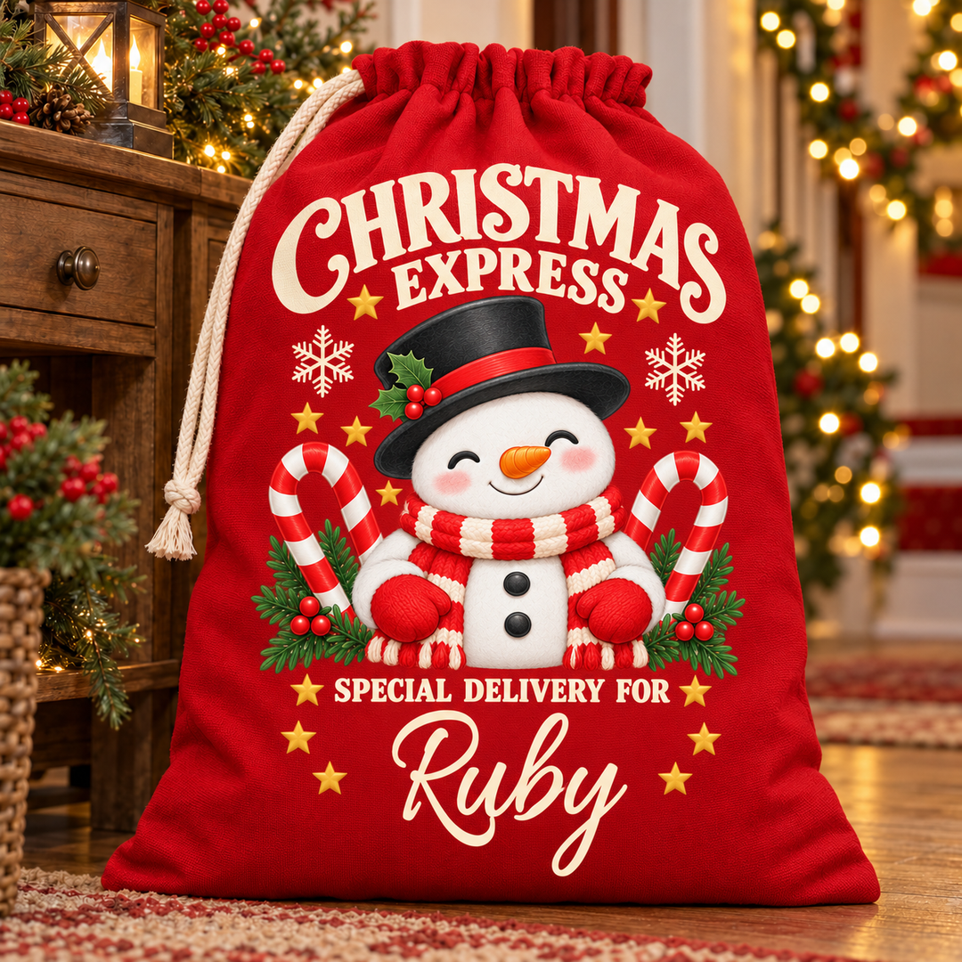 Personalised Candy Cane Snowman Christmas Sack