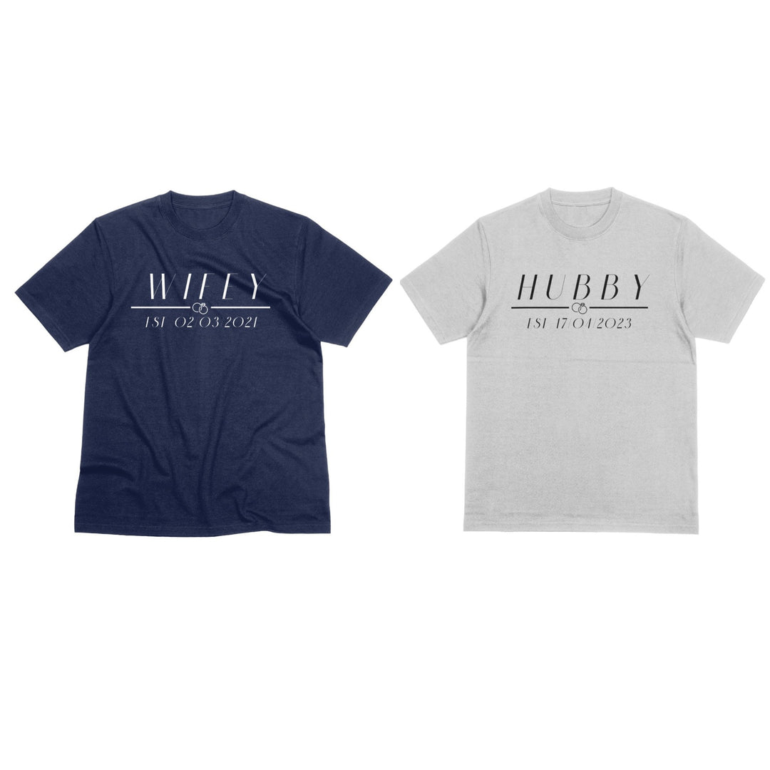 Custom EST Wifey And Hubby Unisex T-Shirt, Personalised Engagement Gift for Couples, Wedding Party Outfit Tee Shirt, Matching Couple T-Shirt - Gifts Handmade