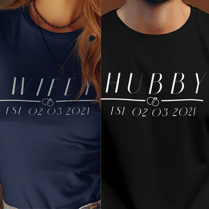 Custom EST Wifey And Hubby Unisex T-Shirt, Personalised Engagement Gift for Couples, Wedding Party Outfit Tee Shirt, Matching Couple T-Shirt - Gifts Handmade