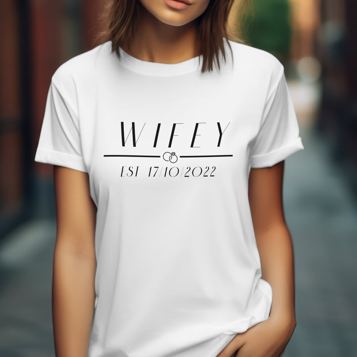 Custom EST Wifey And Hubby Unisex T-Shirt, Personalised Engagement Gift for Couples, Wedding Party Outfit Tee Shirt, Matching Couple T-Shirt - Gifts Handmade