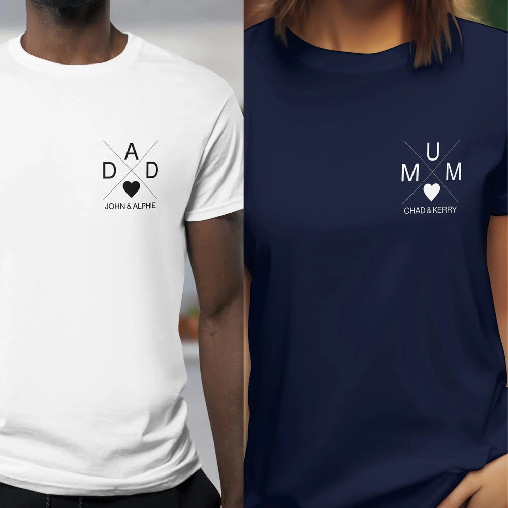 Dad And Mum X Design Unisex T-Shirt - Personalised Dad Shirt - Family Gift Shirt - Personalised Mum Shirt - Custom Dad And Mum Child Name T Shirt - Gifts Handmade