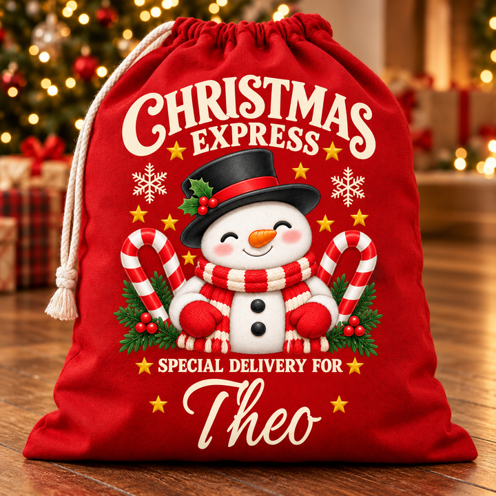 Personalised Candy Cane Snowman Christmas Sack