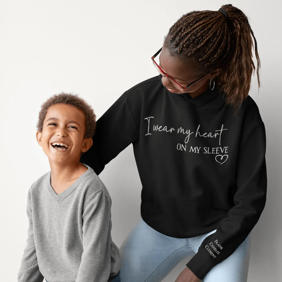 Personalised Mom Hoodie with Kids Name - Embroidered Heart on Sleeve Hoodie - I Wear My Heart On My Sleeve Hoodie